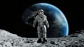 Astronaut in Spacesuit on Planet in Space on Earth Background. Spaceman Exploring Surface Moon in Expedition. 3d Animation Walking Man Cosmos Loop Footage. Unrecognizable Cosmonaut. 3D Illustration - Powered by Shutterstock - Get 15% off with code: PIKWIZARD15