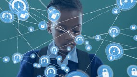 Animation of network of connections with padlock icons over african american girl with tablet. Global education, business, connections, computing and data processing concept digitally generated video. - Powered by Shutterstock - Get 15% off with code: PIKWIZARD15