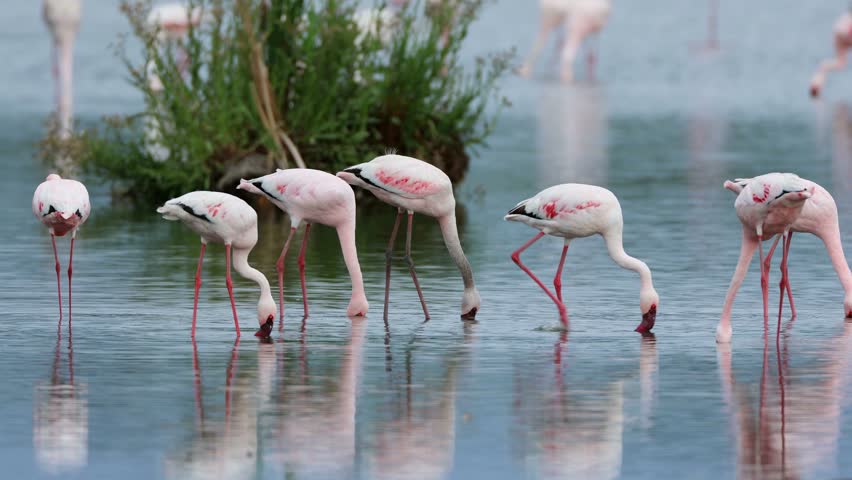 Group of lesser flamingos (Phoenicopterus minor) foraging in shallow water, South Africa