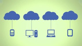 Animation of blue clouds and electronic devices icons over green background. Global business, connections, cloud computing and data processing concept digitally generated video. - Powered by Shutterstock - Get 15% off with code: PIKWIZARD15