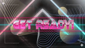 Animation of get ready text in pink metallic letters over scanner, neon triangles and network. Retro, digital interface, connection, data, processing and communication, digitally generated video. - Powered by Shutterstock - Get 15% off with code: PIKWIZARD15