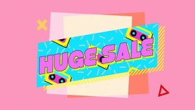 Animation of huge sale text in pink on retro cassette banner over squares on pink. Retail, retro, business, digital interface, online shopping and communication, digitally generated video. - Powered by Shutterstock - Get 15% off with code: PIKWIZARD15