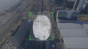 Animation of biometric fingerprint scanner over aerial cityscape and road. Data, security, business, digital interface, connection and communication, digitally generated video. - Powered by Shutterstock - Get 15% off with code: PIKWIZARD15