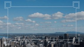 Animation of rectangular scanner scope over cloudy sky and cityscape. Data, processing, business, digital interface, connection and communication, digitally generated video. - Powered by Shutterstock - Get 15% off with code: PIKWIZARD15