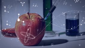 Animation of dna and element structures over syringe injecting apple in lab. Research, science, food, nature, connection and data, digitally generated video. - Powered by Shutterstock - Get 15% off with code: PIKWIZARD15