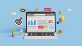 Digital marketing automation. Analytics dashboard, SEO, growth, advertising, campaign. Business strategy with KPI. AI powered workflow. 3D analytics dashboard on laptop. 4K 3D animation - Powered by Shutterstock - Get 15% off with code: PIKWIZARD15