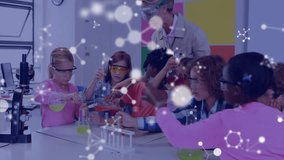 Animation of element structures over diverse schoolchildren and female teacher in chemistry class. Education, science, chemistry, connection, research and learning, digitally generated video. - Powered by Shutterstock - Get 15% off with code: PIKWIZARD15