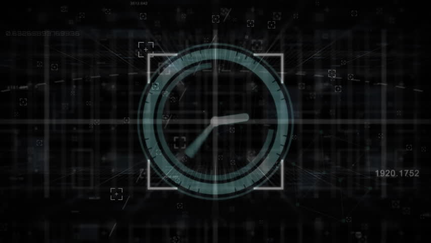Animation of scanner with fast moving clock and scope processing data on black background. Data, processing, digital interface, connection and communication, digitally generated video. - Powered by Shutterstock - Get 15% off with code: PIKWIZARD15