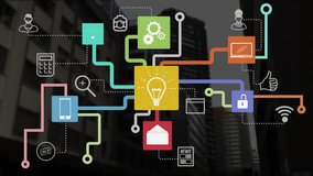 Animation of colourful network with light bulb and communication media icons over cityscape. Business, data, network, ideas, digital interface, connection and communication, digitally generated video. - Powered by Shutterstock - Get 15% off with code: PIKWIZARD15