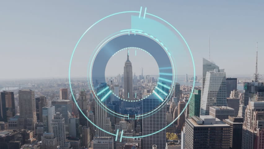Animation of circular scanner processing over new york cityscape. Data, processing, digital interface, business, connection and communication, digitally generated video. - Powered by Shutterstock - Get 15% off with code: PIKWIZARD15