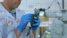 Animation of ecology and energy icons and data over male technician holding circuit board. Data, processing, digital interface, electronics, connection and communication, digitally generated video. - Powered by Shutterstock - Get 15% off with code: PIKWIZARD15