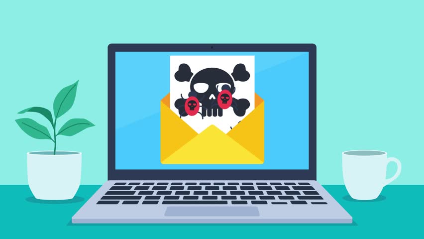 On the laptop screen there is an e-mail from which computer worms come out when opened. Ronbaks infect the laptop's operating system with a virus. On the screen there is only a black skull on a red bg