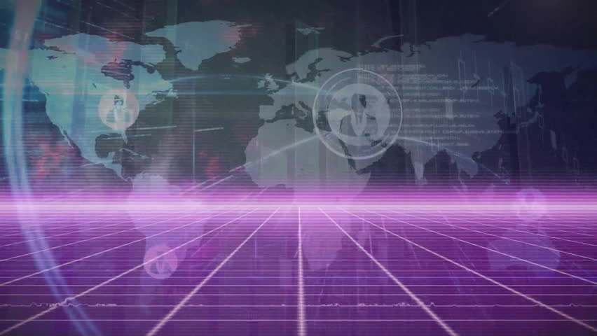 Animation of pink light trails, scanner, network and world map over glowing pink grid. Connection, data, networks, digital interface, processing and global communication, digitally generated video. - Powered by Shutterstock - Get 15% off with code: PIKWIZARD15