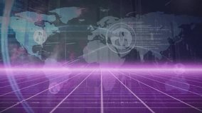 Animation of pink light trails, scanner, network and world map over glowing pink grid. Connection, data, networks, digital interface, processing and global communication, digitally generated video. - Powered by Shutterstock - Get 15% off with code: PIKWIZARD15