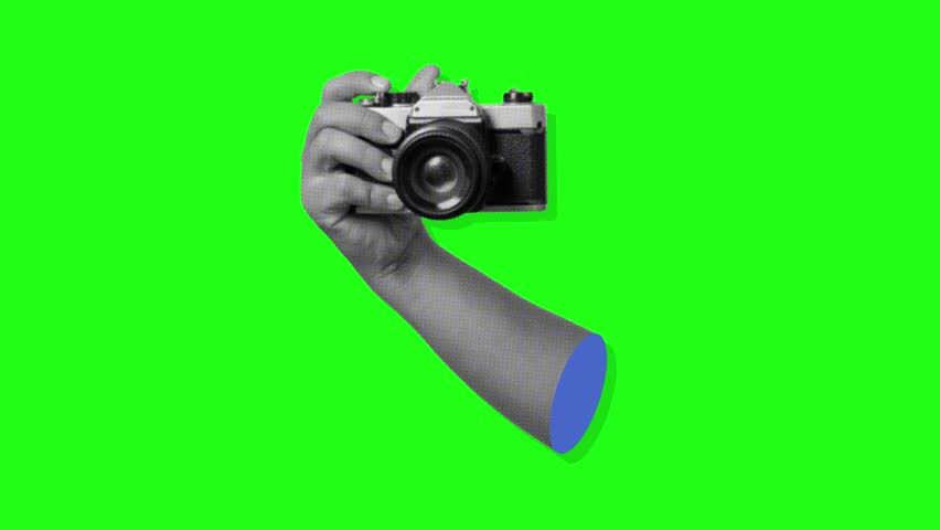 Contemporary art collage of hand camera with halftone effect on green screen, crumpled paper background, graphic motion collage art element , 4K animation	
