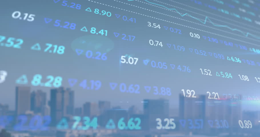 Animation of stock market and diagrams over cityscape. Global business and digital interface concept digitally generated video.
