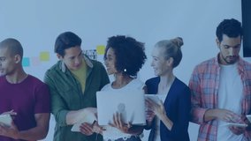 Animation of network of connections with people icons over diverse business people with laptop. Global business, connections, computing and data processing concept digitally generated video. - Powered by Shutterstock - Get 15% off with code: PIKWIZARD15