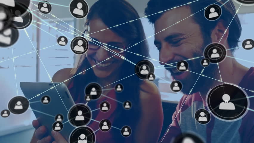 Animation of network of connections with people icons over diverse business people with tablet. Global business, connections, computing and data processing concept digitally generated video. - Powered by Shutterstock - Get 15% off with code: PIKWIZARD15