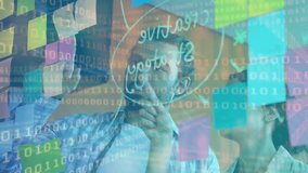 Animation of binary coding data processing over diverse business people in office. Global finance, business, connections, computing and data processing concept digitally generated video. - Powered by Shutterstock - Get 15% off with code: PIKWIZARD15