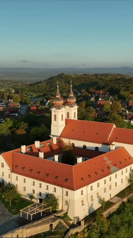 Aerial landscape of Tihany, Hungary, Showing the famous church on this peninsula. The Hungarian name is Tihanyi Apatsag