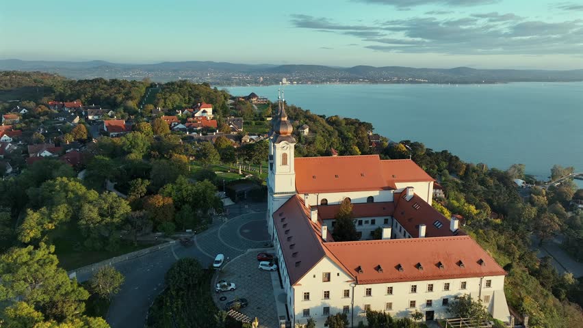 Aerial landscape of Tihany, Hungary, Showing the famous church on this peninsula. The Hungarian name is Tihanyi Apatsag