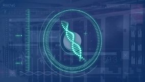 Animation of dna strand and digital data processing over computer servers. Global artificial intelligence, business, connections, computing and data processing concept digitally generated video. - Powered by Shutterstock - Get 15% off with code: PIKWIZARD15
