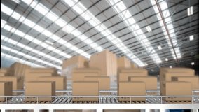 Animation of financial data processing over boxes on conveyor belts. Global shipping, finance, business, connections, computing and data processing concept digitally generated video. - Powered by Shutterstock - Get 15% off with code: PIKWIZARD15