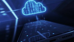 Cloud computing hologram and smartphone. Futuristic data storage and technology concept. Digital cloud service mobile app. Application for backup and data transmission - Powered by Shutterstock - Get 15% off with code: PIKWIZARD15