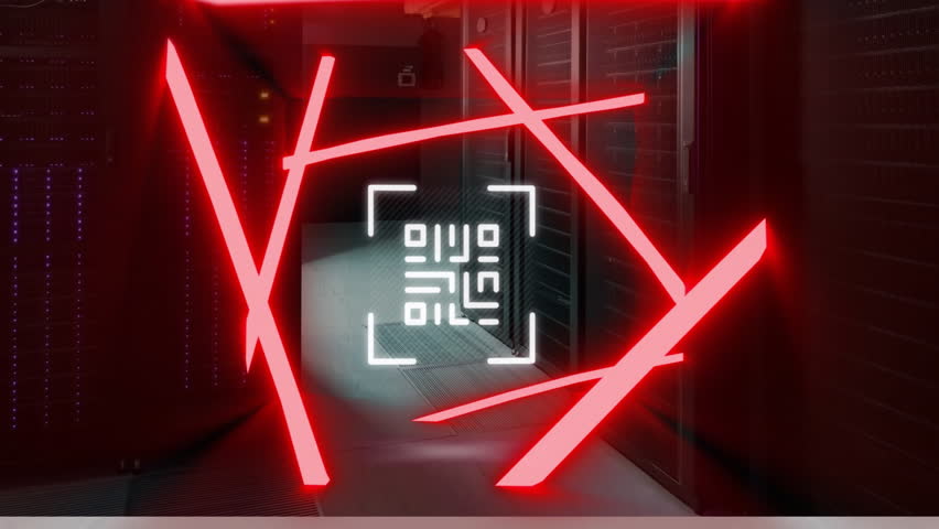 Animation of qr code, neon pattern and digital data processing over computer servers. Global cyber security, connections, computing and data processing concept digitally generated video. - Powered by Shutterstock - Get 15% off with code: PIKWIZARD15