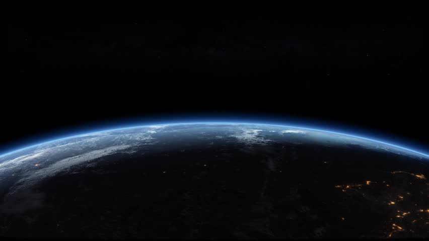 Sky view from space orbit over rotating planet Earth horizon. Concept 3D animation loop background. Milky Way and faint stars in the dark cosmos and illuminated city lights. Images furnished by NASA.