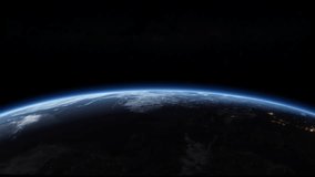 Sky view from space orbit over rotating planet Earth horizon. Concept 3D animation loop background. Milky Way and faint stars in the dark cosmos and illuminated city lights. Images furnished by NASA. - Powered by Shutterstock - Get 15% off with code: PIKWIZARD15