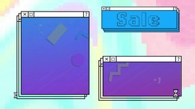 Animation of sale text and computer window screens with neon pattern. Global cyber shopping, digital interface, communication, computing and data processing concept digitally generated video. - Powered by Shutterstock - Get 15% off with code: PIKWIZARD15