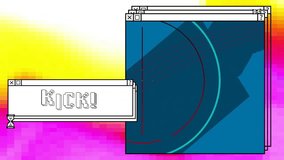Animation of kick text and computer window screens with neon pattern. Global social media, digital interface, communication, computing and data processing concept digitally generated video. - Powered by Shutterstock - Get 15% off with code: PIKWIZARD15