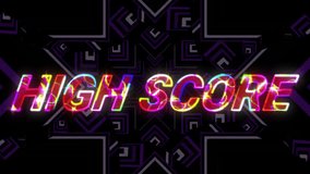 Animation of high score text over neon pattern background. Global video game, digital interface, communication, computing and data processing concept digitally generated video. - Powered by Shutterstock - Get 15% off with code: PIKWIZARD15