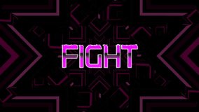 Animation of fight text over neon pattern background. Global video game, digital interface, communication, computing and data processing concept digitally generated video. - Powered by Shutterstock - Get 15% off with code: PIKWIZARD15