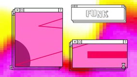 Animation of funk text and computer screens over neon pattern background. Global social media, digital interface, communication, computing and data processing concept digitally generated video. - Powered by Shutterstock - Get 15% off with code: PIKWIZARD15