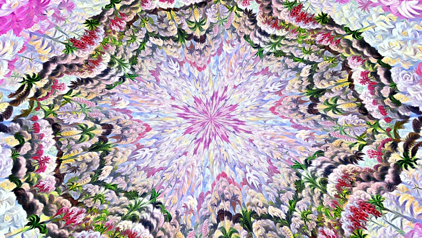 Kaleidoscopic circles abstract background. Seamless animation of a zoom in wallpaper flowers painted in impressionist style