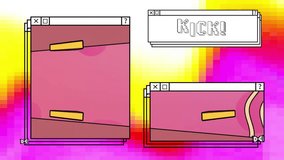 Animation of kick text and computer screens over neon pattern background. Global social media, digital interface, communication, computing and data processing concept digitally generated video. - Powered by Shutterstock - Get 15% off with code: PIKWIZARD15