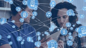 Animation of network of connections with music icons over diverse people in cafe. Global business, connections, computing and data processing concept digitally generated video. - Powered by Shutterstock - Get 15% off with code: PIKWIZARD15