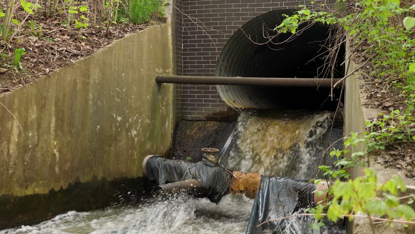 Dirty water flow from pipe. Water discharge. Ecology and environment pollution concept. Outdoors
