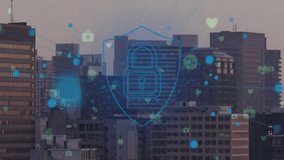 Animation of digital padlock and data processing over cityscape. Global cyber security, connections, cloud computing and data processing concept digitally generated video. - Powered by Shutterstock - Get 15% off with code: PIKWIZARD15