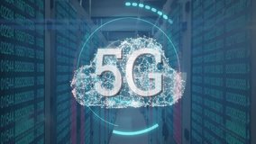 Animation of 5g text, digital cloud and data processing over computer servers. Global cyber security, connections, cloud computing and data processing concept digitally generated video. - Powered by Shutterstock - Get 15% off with code: PIKWIZARD15