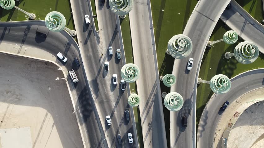Drone view of busy motorway The Green Field Riyadh KSA video , Aerial view of road interchange or highway intersection with busy urban traffic . Junction network of transportation