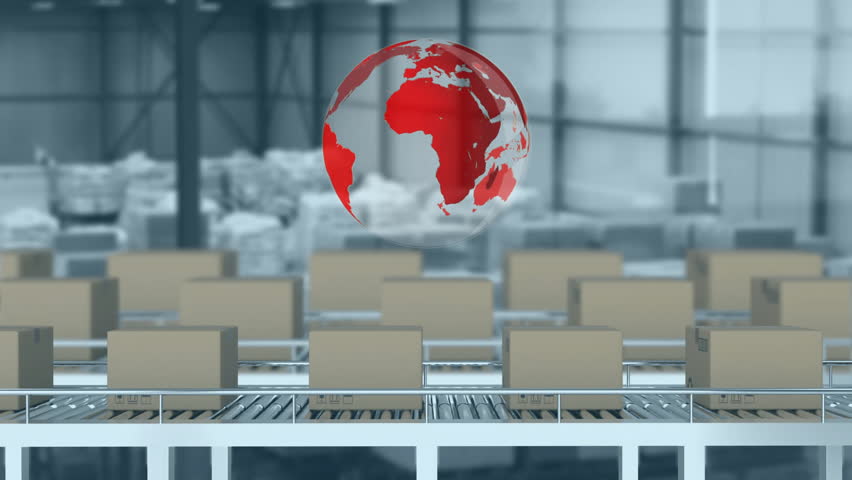 Animation of globe and data processing over cardboard boxes on conveyor belts. Global shipping, connections, computing and data processing concept digitally generated video. - Powered by Shutterstock - Get 15% off with code: PIKWIZARD15