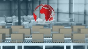 Animation of globe and data processing over cardboard boxes on conveyor belts. Global shipping, connections, computing and data processing concept digitally generated video. - Powered by Shutterstock - Get 15% off with code: PIKWIZARD15