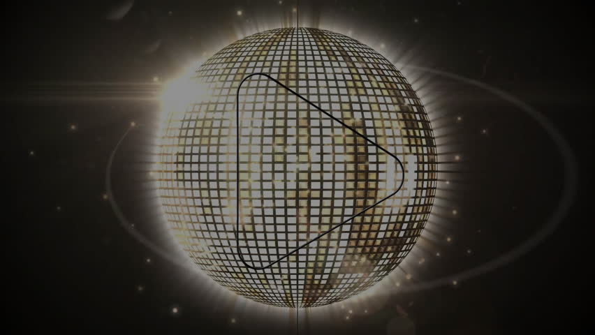 Animation of neon arrow over disco ball. Party, music and celebration concept digitally generated video.