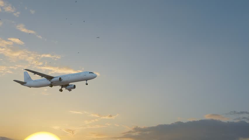 3840x2160 ULTRA HD. Airplane flies in sunset sky. Travel. Airplane takes off against the background of sunset sky. 4K.