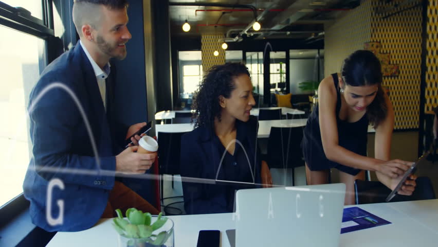 Animation of financial data processing over diverse colleagues discussing work in office. Global business, finances and digital interface concept digitally generated video. - Powered by Shutterstock - Get 15% off with code: PIKWIZARD15