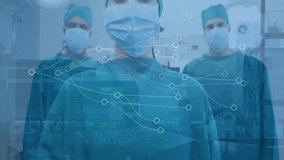 Animation of newtork of connections and cityscape over diverse surgeons wearing face masks. Medicine, healthcare, lifestyle and digital interface concept digitally generated video. - Powered by Shutterstock - Get 15% off with code: PIKWIZARD15
