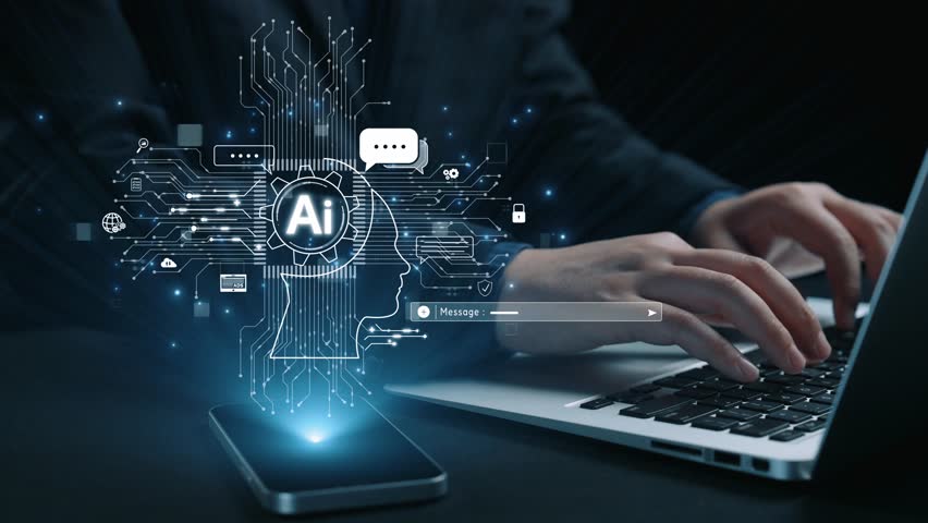 Human interact with AI artificial intelligence brain processor in concept of AI artificial intelligence engineering, big data and AI machine learning to use generative AI for business support. UUID - Powered by Shutterstock - Get 15% off with code: PIKWIZARD15